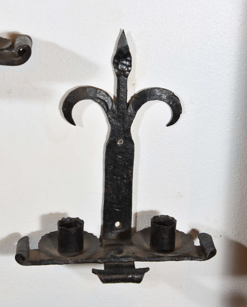 Pair of Antique Hand Forged Iron Fleur de Lys Sconces from France 4