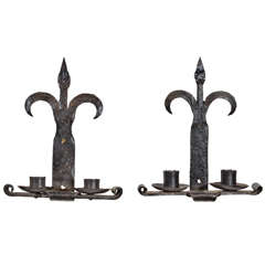 Pair of Antique Hand Forged Iron Fleur de Lys Sconces from France
