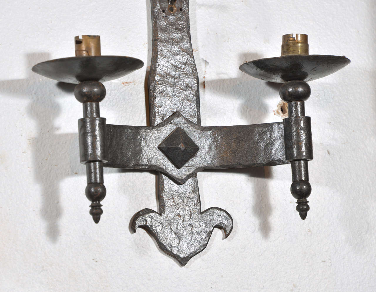 French Pair of Antique Hand Forged Iron Fleur de Lys Sconces from France