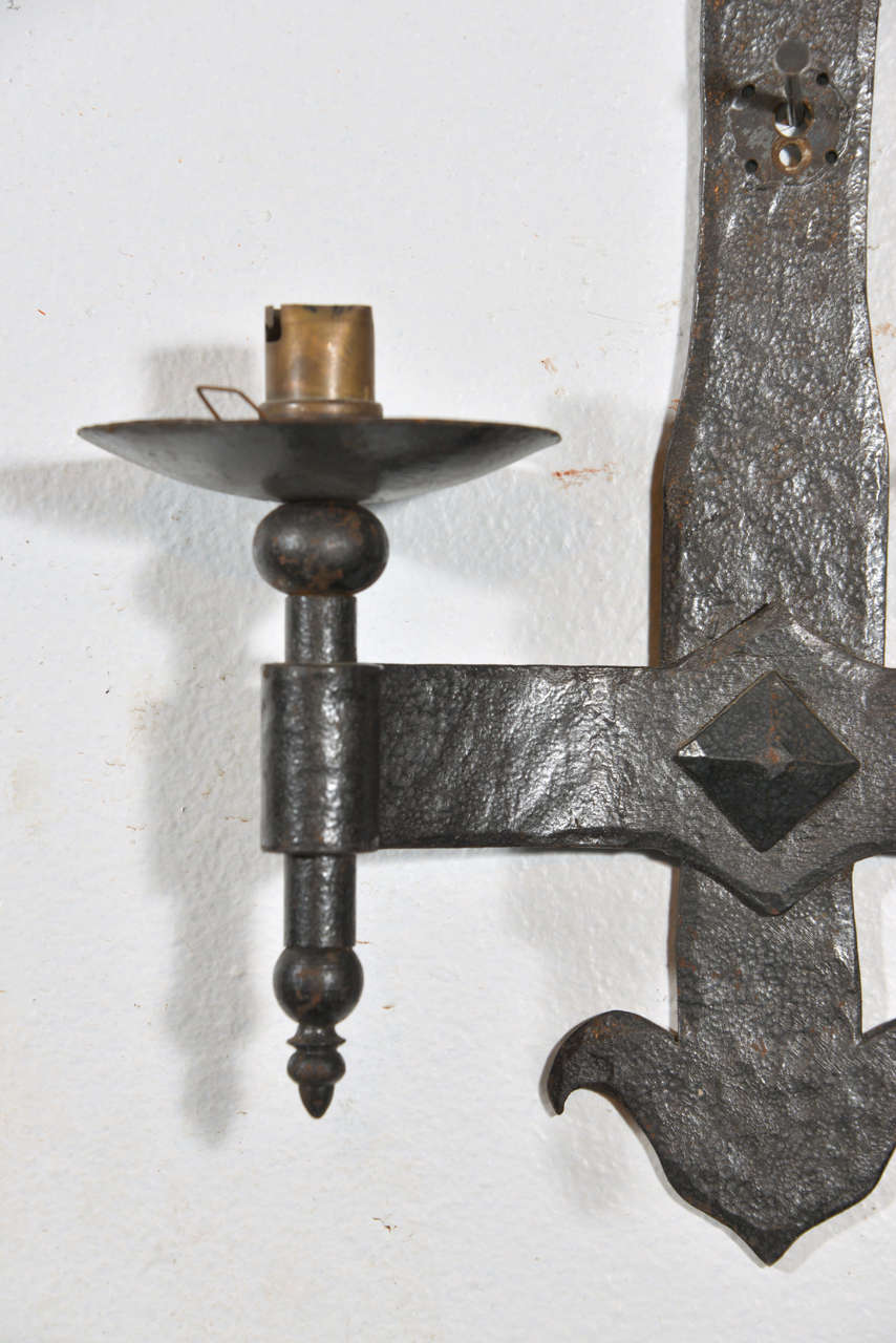 20th Century Pair of Antique Hand Forged Iron Fleur de Lys Sconces from France