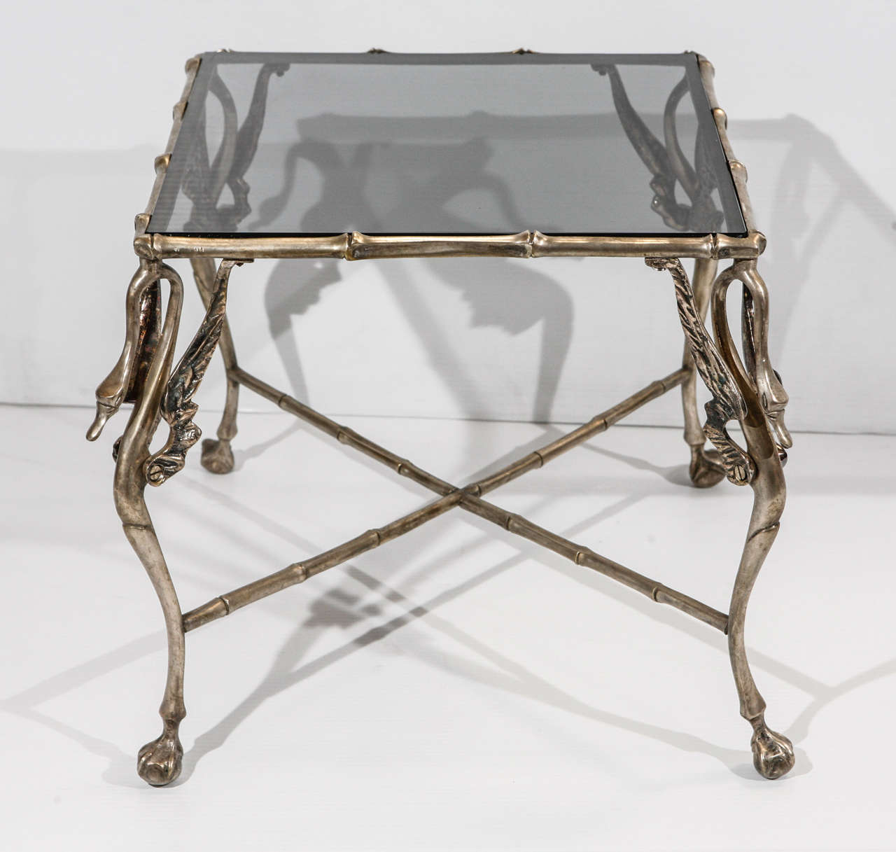 Nickel Stylized Pair of End Tables For Sale
