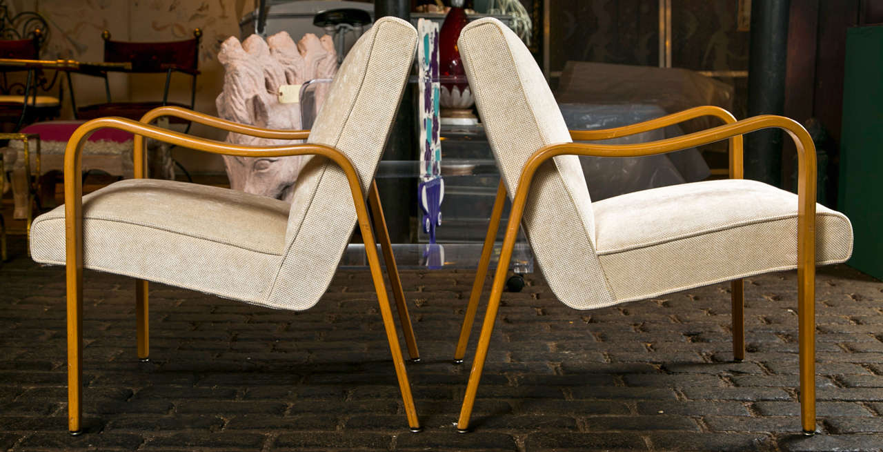 Mid-Century Modern Thonet armchairs newly upholstered in cowtan and tout fabric.