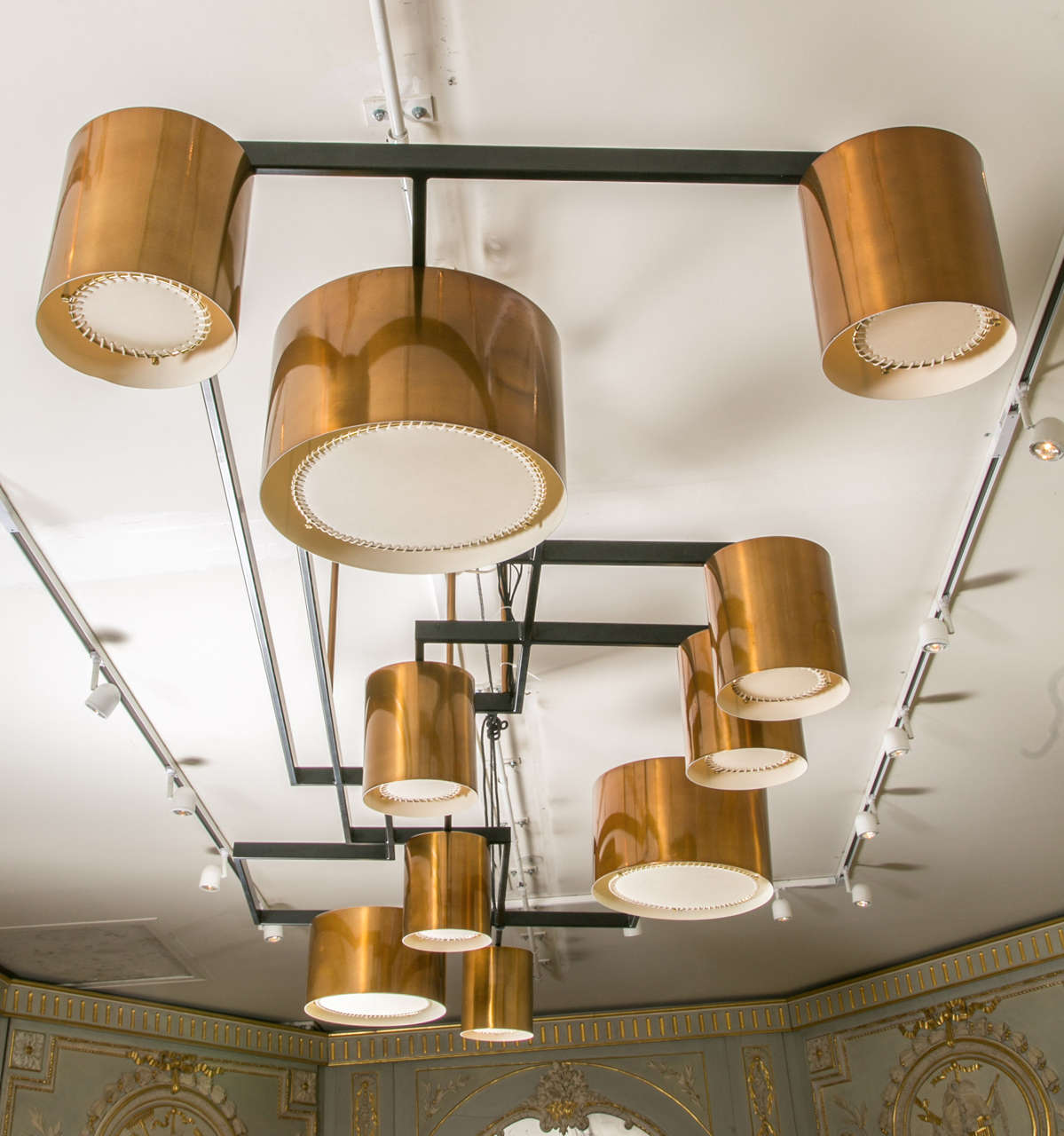 Huge chandelier with 10 copper shades, totally rewired, prototype realized by an architect