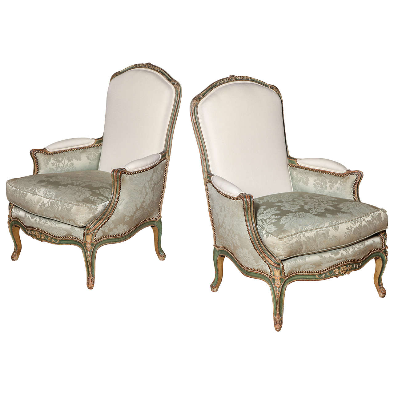 A Pair of Louis XV Style Carved and Painted Bergeres, France Late 19th Century
