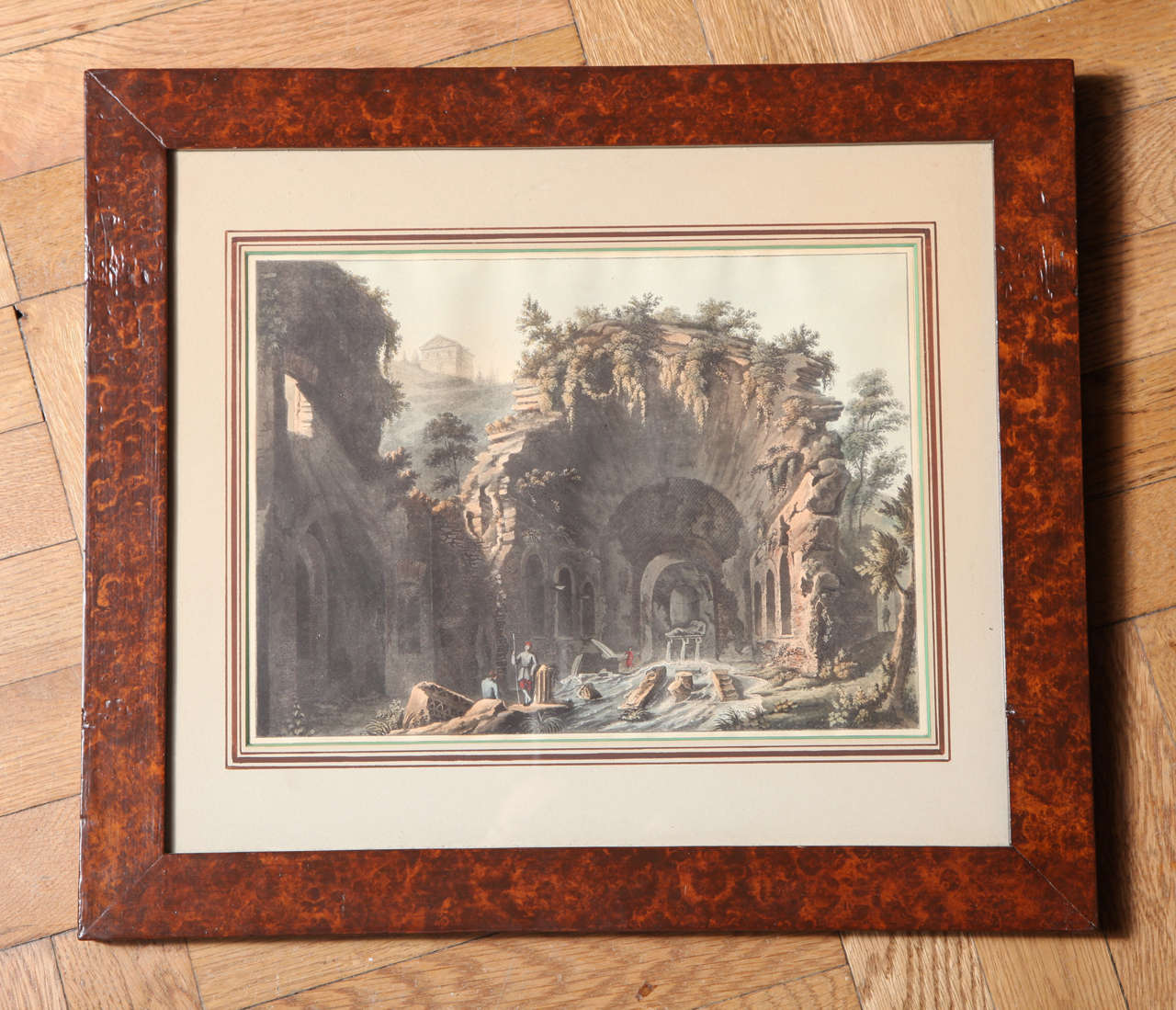 A Set of 3 Hand Colored 19th C. Engraving Depicting Italian Ruins, Faux Bois Frame