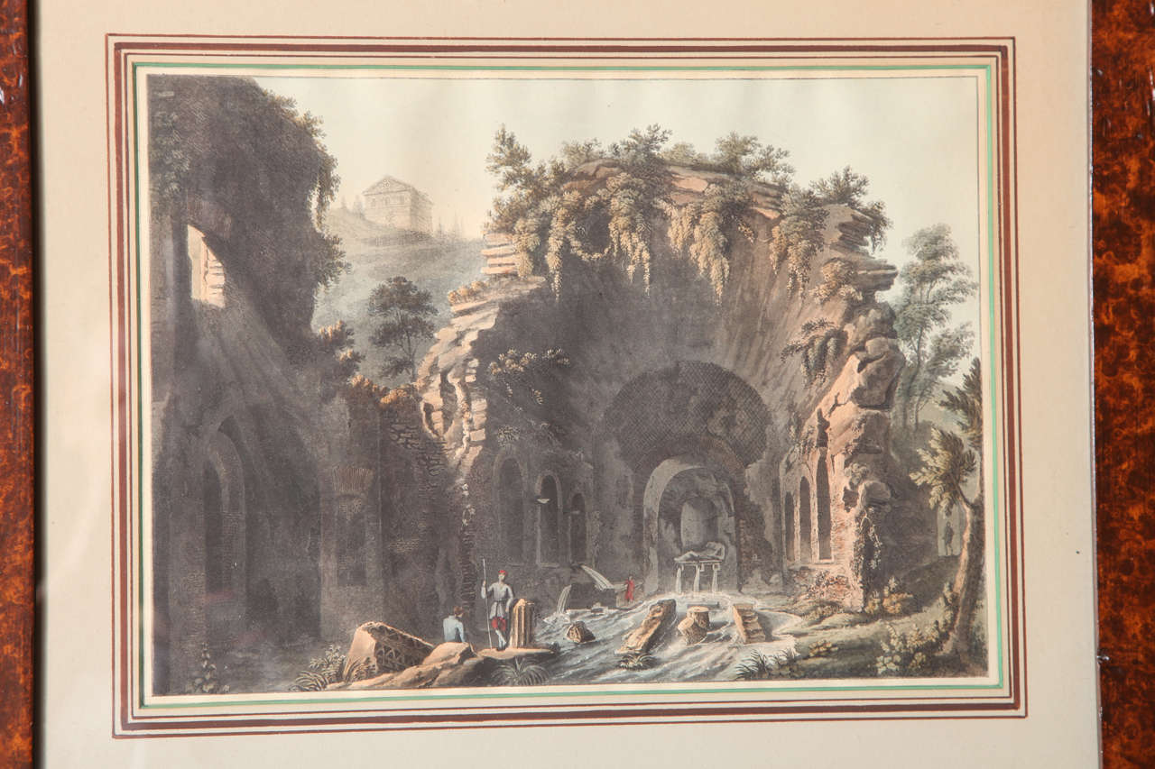 A Set of 3 Hand Colored Engraving Depicting Italian Ruins, Faux Bois Frame. In Good Condition For Sale In New York, NY