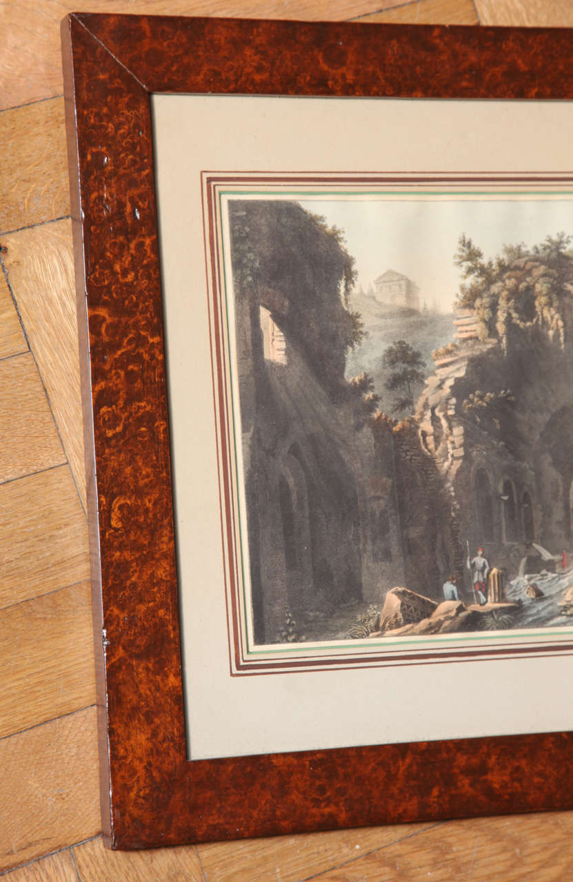 19th Century A Set of 3 Hand Colored Engraving Depicting Italian Ruins, Faux Bois Frame. For Sale
