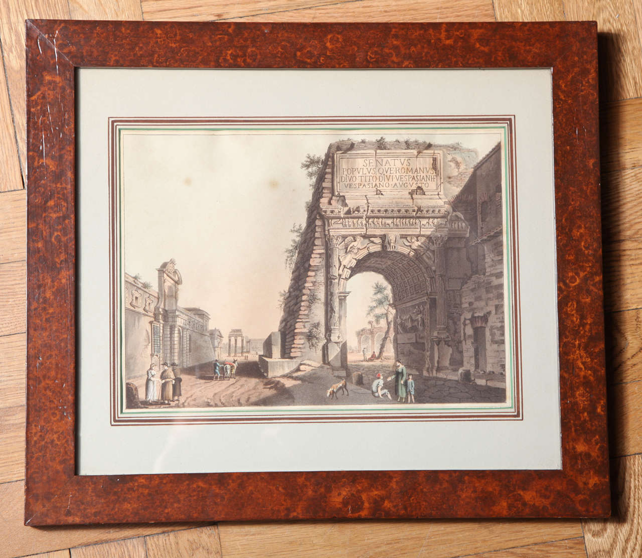 A Set of 3 Hand Colored Engraving Depicting Italian Ruins, Faux Bois Frame. For Sale 1