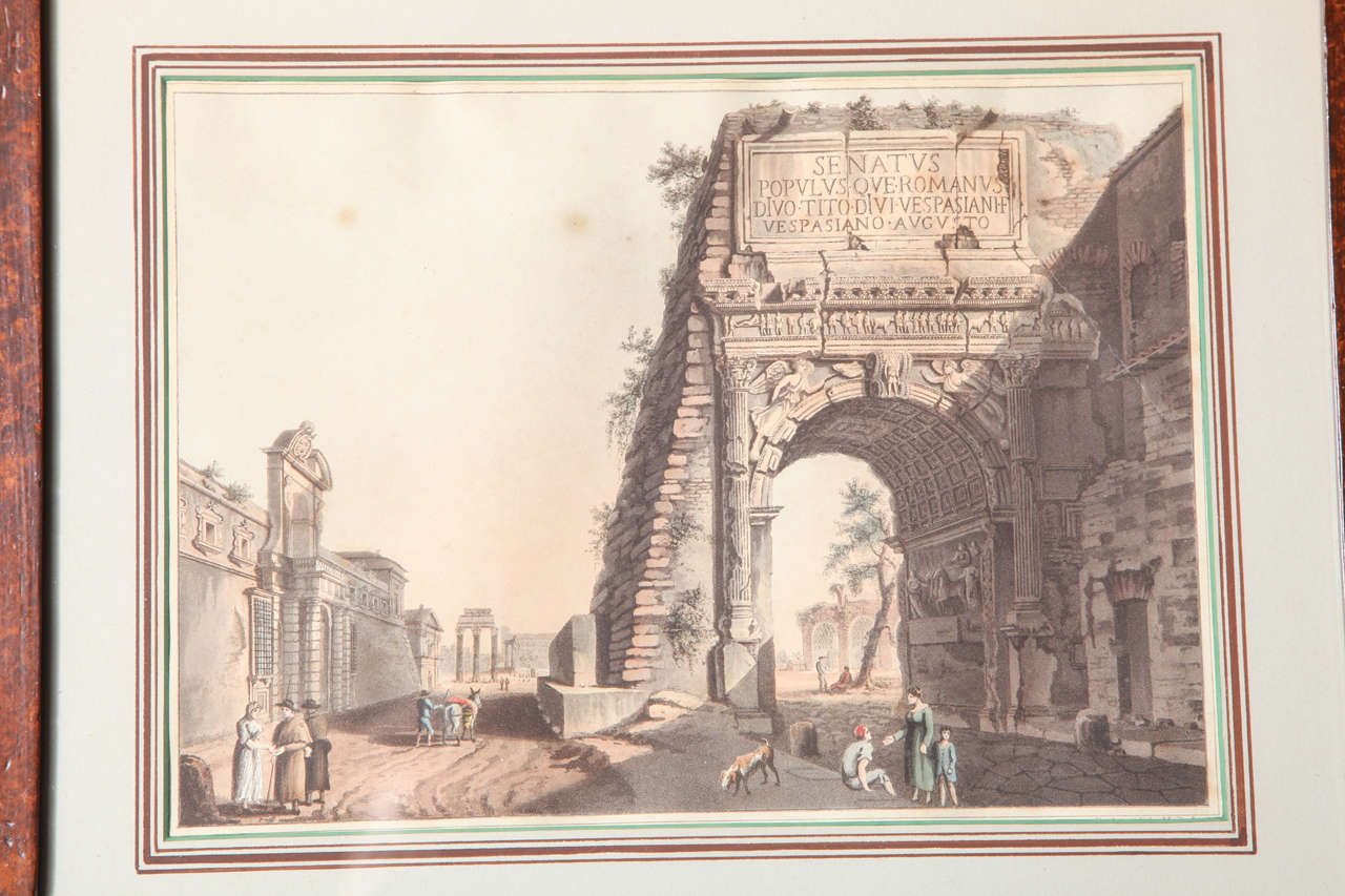 A Set of 3 Hand Colored Engraving Depicting Italian Ruins, Faux Bois Frame. For Sale 2