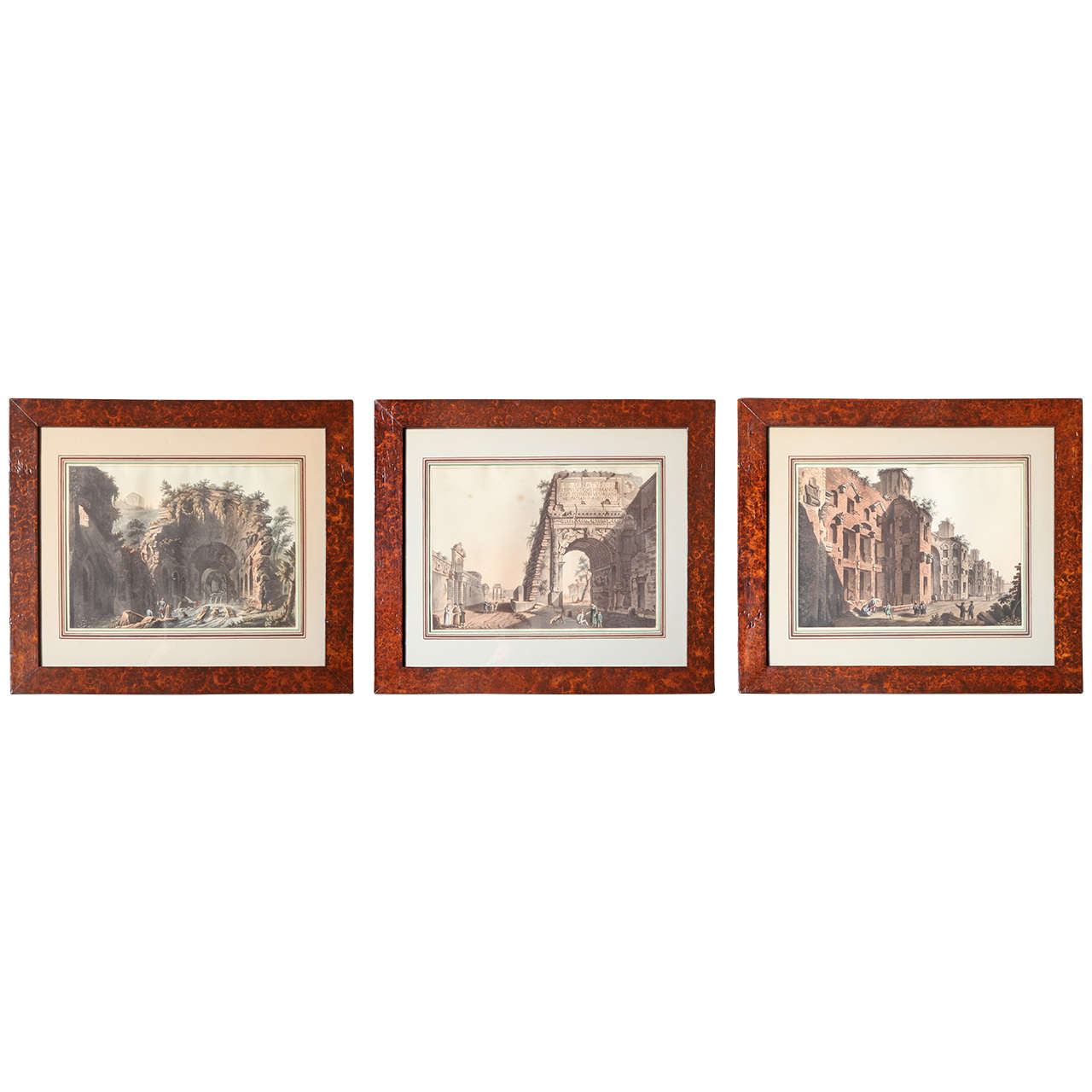 A Set of 3 Hand Colored Engraving Depicting Italian Ruins, Faux Bois Frame. For Sale