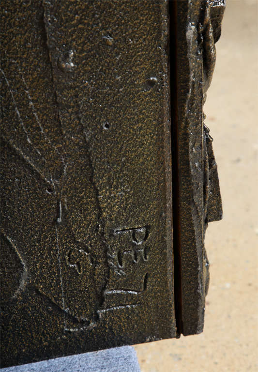 Signed Paul Evans Sculpted Bronze Relief Brutalist Floating Credenza, circa 1971 3