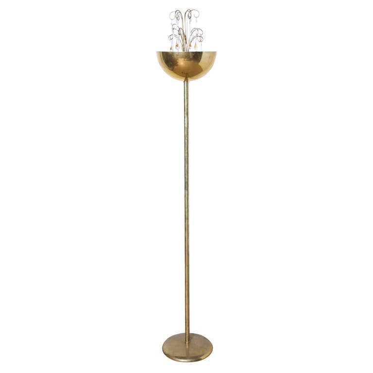 Hollywood Regency Brass and Teardrop Crystal "Fountain" Torchiere, 1950's  For Sale