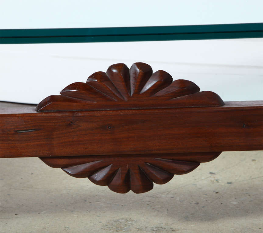 American Craftsman Phillip Lloyd Powell Sculpted Black Walnut, Cherry and Glass Coffee Table, 1960s For Sale