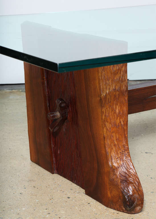 Phillip Lloyd Powell Sculpted Black Walnut, Cherry and Glass Coffee Table, 1960s In Good Condition For Sale In Bainbridge, NY
