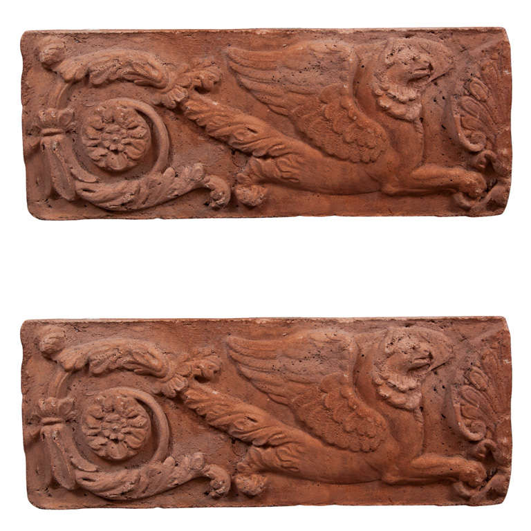 Pair Of Opposing Terracotta Cast Stone, Terracotta Garden Wall Plaques Uk