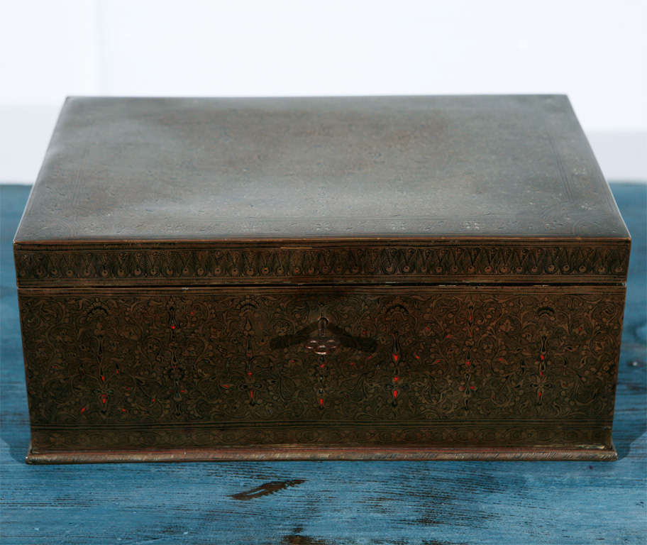Hand chased brass box with original lock and devided velvet interior for letters.