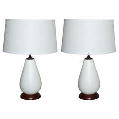 Pair of  Mid Century Walnut and Ceramic Lamps