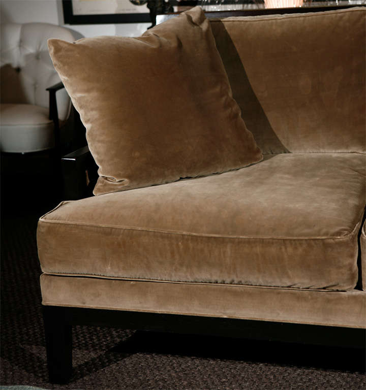 Beautiful Christian Liaigre sofa, upholstered in the original moss colored silk velvet.  Ebonized frame supports deep, comfortable cushions.