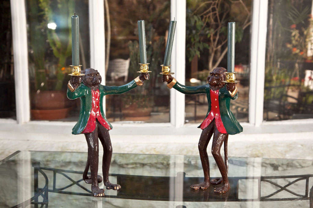 PAIR OF  MONKEY STYLE  LOUIS XV REPRODUCTION OF CANDLESTICKS USED IN COURT OF LOUIS XV- BROWN MONKEYS WITH GREEN AND RED COATS- GILT TRIM- HT IS TO TOP OF CANDLEHOLDER