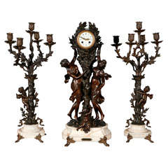 Large Antique French Clock Set with Pr of Candelabra