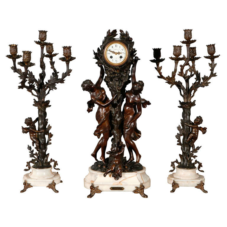 Large Antique French Clock Set with Pr of Candelabra For Sale