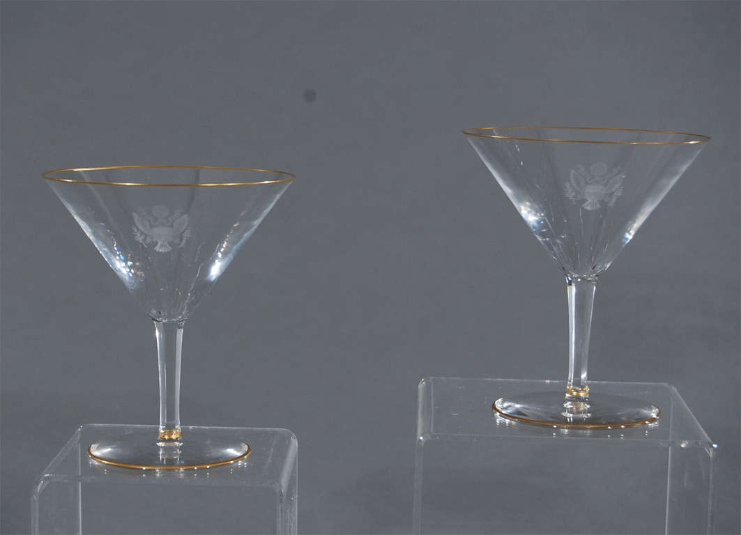 This pair of hand blown crystal martini/champagne goblets were made by Val St. Lambert for the American Embassy. Specially ordered by Ambassador Laurence Steinhardt. Between 1937 and 1945, he held the posts of United States Ambassador to Peru,