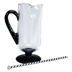 Antique Handblown Art Deco Black and Crystal Martini Pitcher with Stirrer