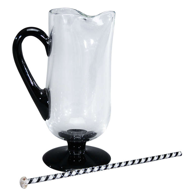 Handblown Art Deco Black and Crystal Martini Pitcher with Stirrer at