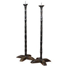 Pair of ebonized turned oak pricket sticks