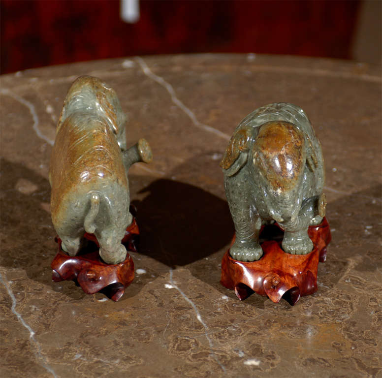 Near Pair Chinese Carved Jade Elephants on Stands 2