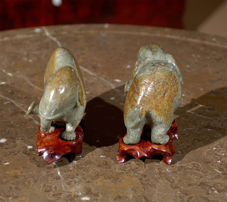 Near Pair Chinese Carved Jade Elephants on Stands 4