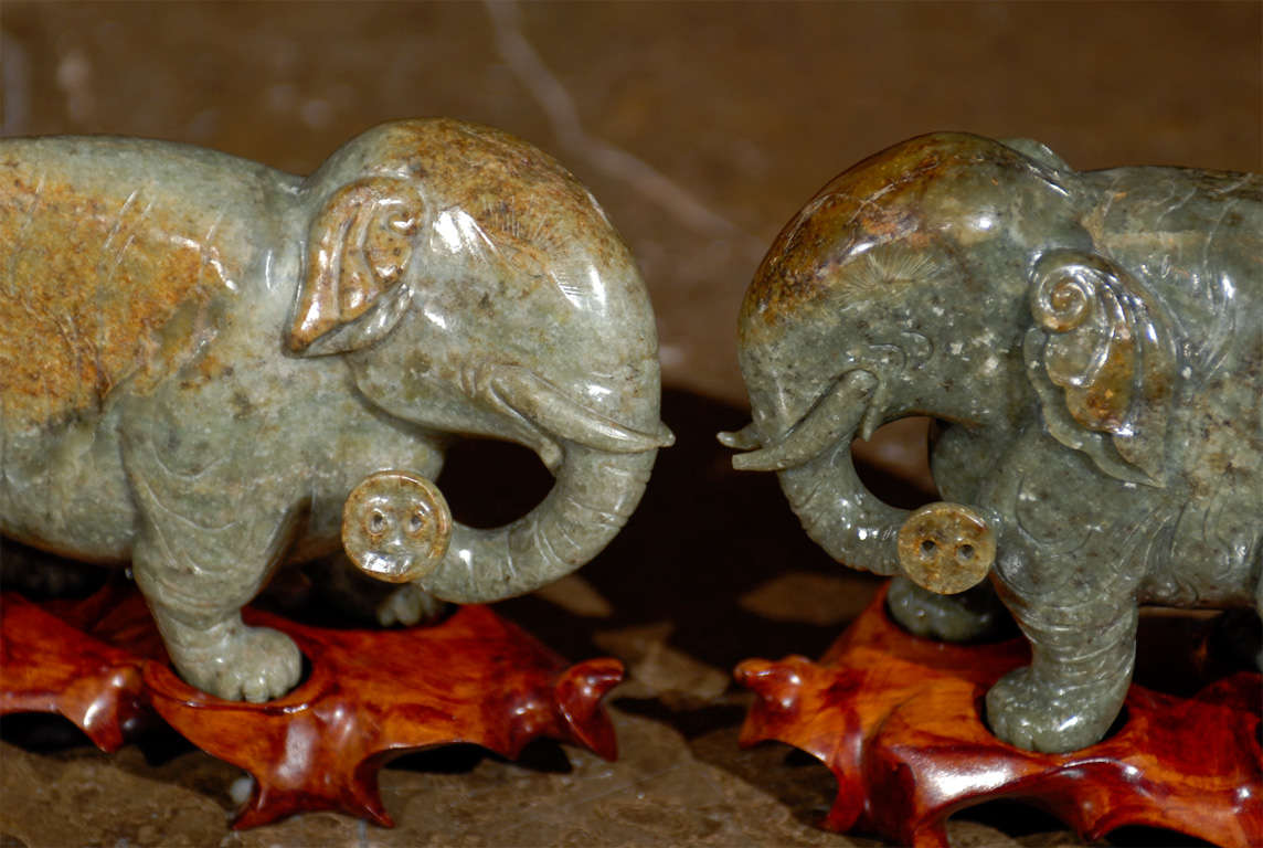 Near Pair Chinese Carved Jade Elephants on Stands 5