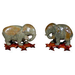 Antique Near Pair Chinese Carved Jade Elephants on Stands