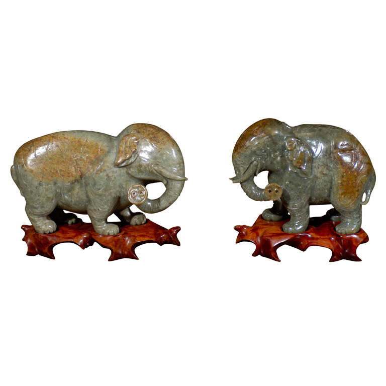 Near Pair Chinese Carved Jade Elephants on Stands
