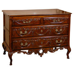 Antique Period Louis XV Hand-Carved Walnut Chest with Bronze Pulls & Scalamandré Drawer