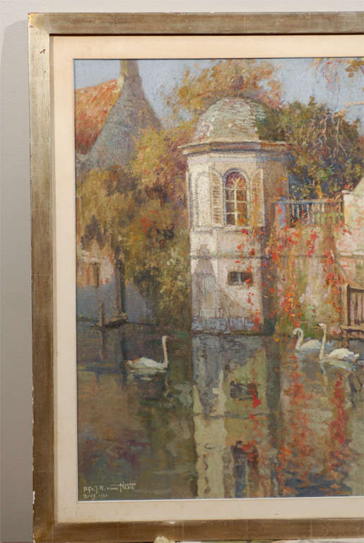 20th Century Bruges Canal Scene With Swans