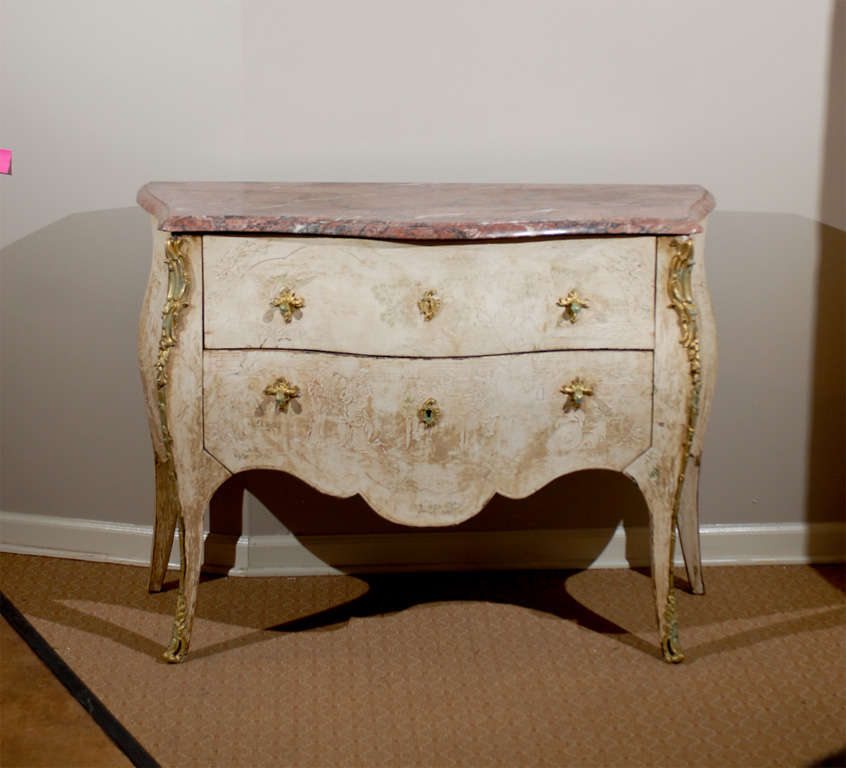 Louis XV Antique French Bombe Commode Chest Rose Marble, circa 1840