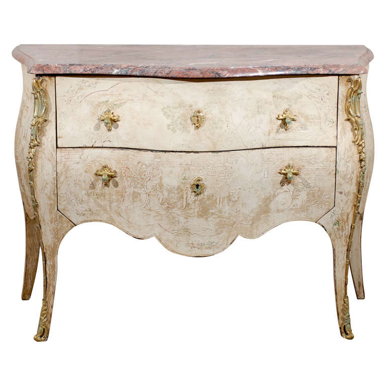 Antique French Bombe Commode Chest Rose Marble, circa 1840