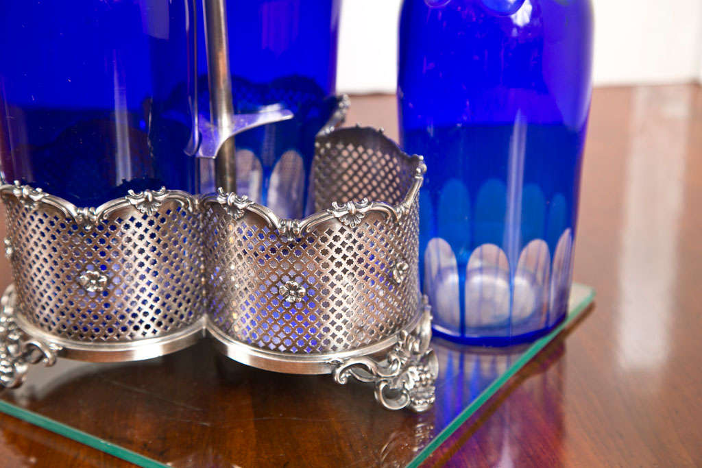 Crystal Decanter Set with Sterling Silver Caddy In Excellent Condition In Woodbury, CT