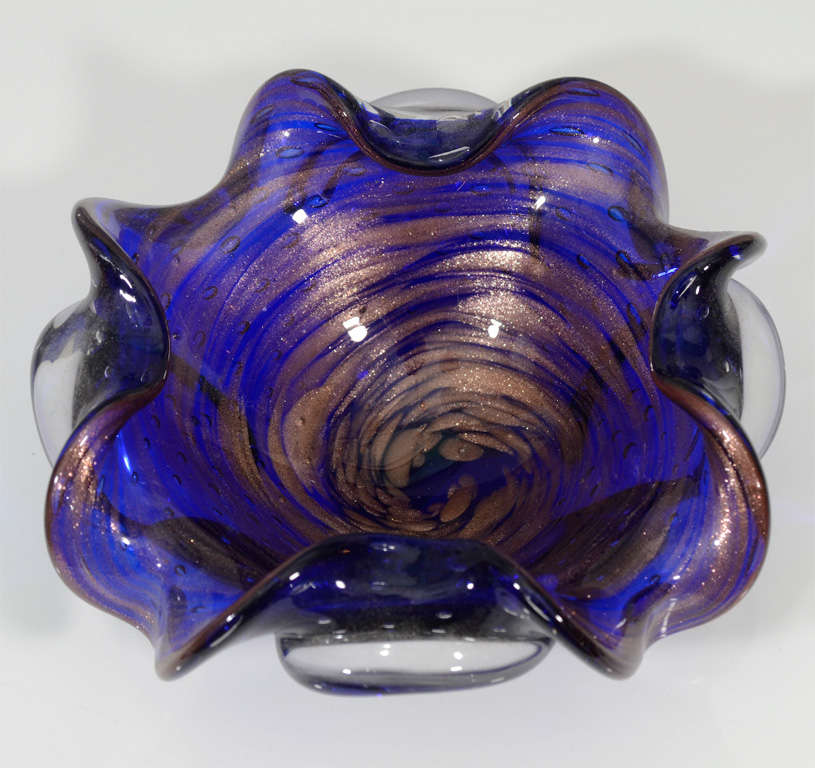 Italian Blue with Gold Swirles Murano Glass Dish