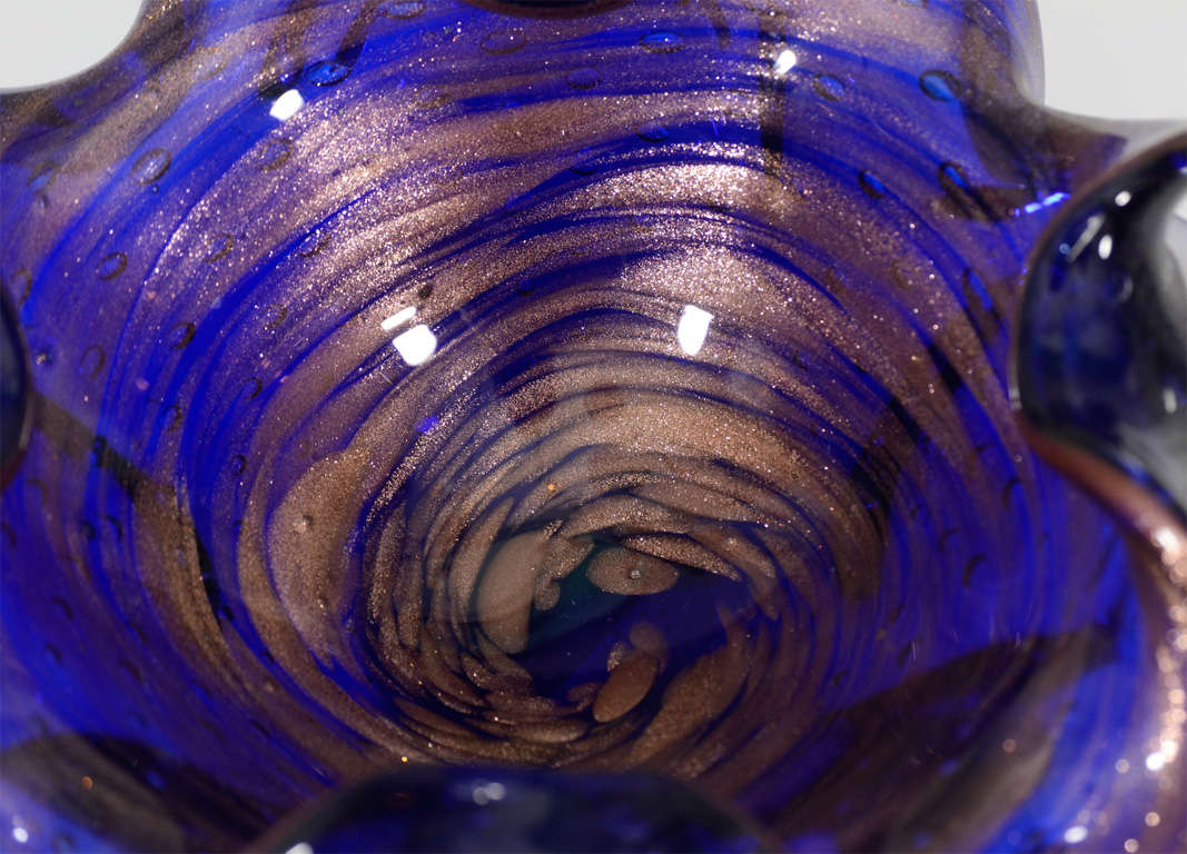 Blue with Gold Swirles Murano Glass Dish In Excellent Condition In New York, NY