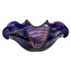 Vintage Blue with Gold Swirles Murano Glass Dish