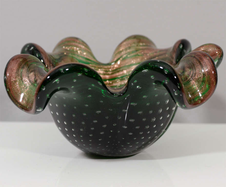 Mid-20th Century Green and Gold Murano Glass Dish