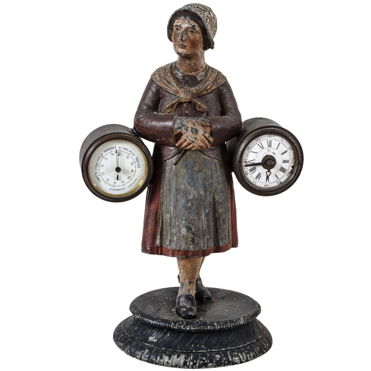 Attractive Painted French Peasant with Clock and Barometer For Sale