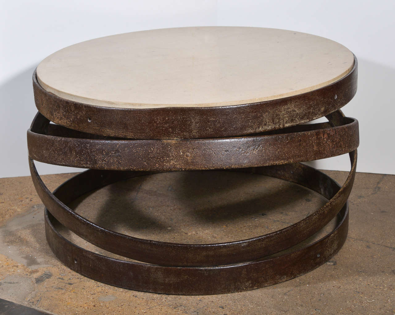 Rings Coffee Table.
Vintage Forged Rings with Limestone Top.