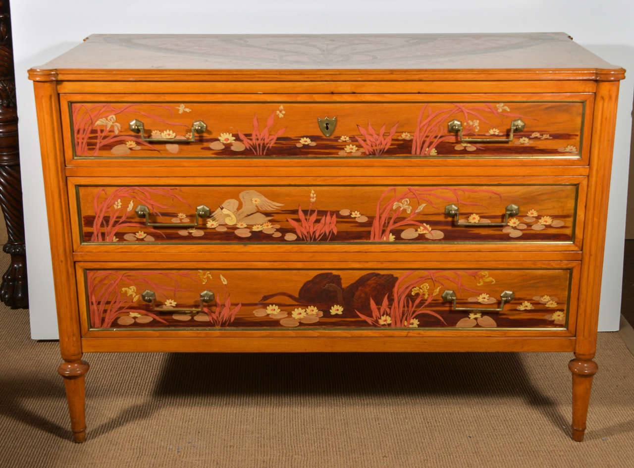 Directoire style commode labeled Ralph Widdicombe, decoratively painted with marshland scenes and floral and faux bois designs.  Circa 1950.