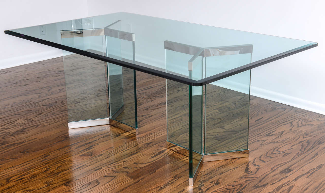 Leon Rosen, Pace Collection Rectangular Polished Chrome and Glass Dining Table 1