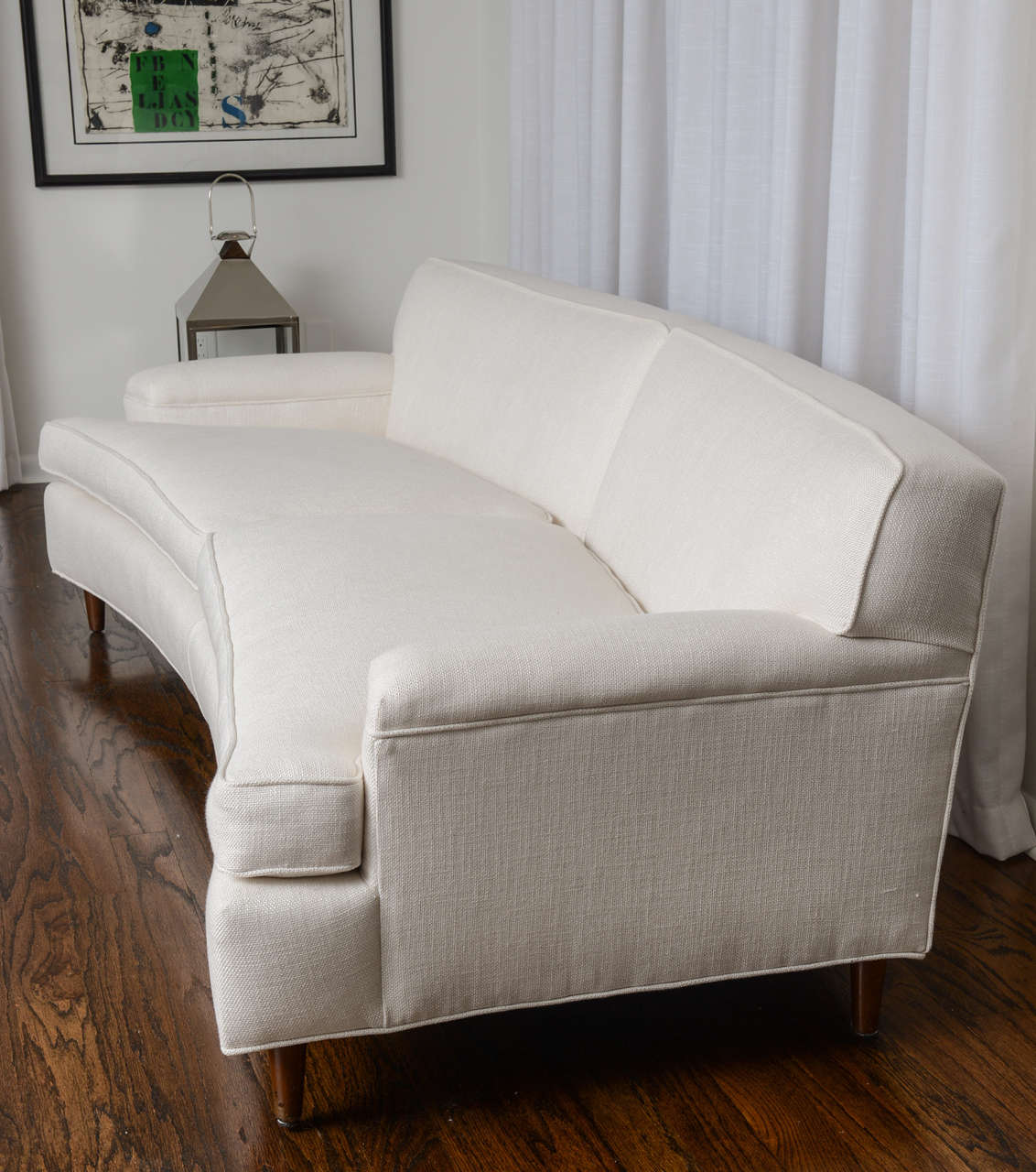 MidCentury Modern Curved Sofa in White Fabric by Edward