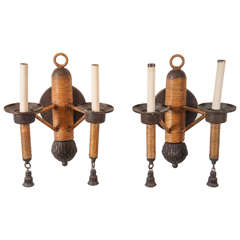 A Pair of Rattan and Iron Double Arm Sconces