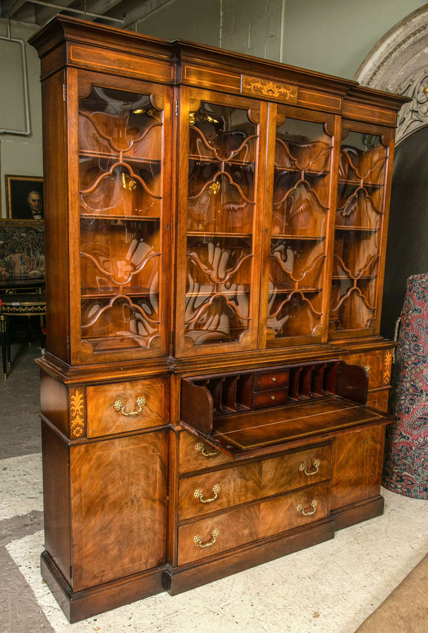 American Mahogany Inlaid Two-Piece Breakfront or Bookcase Cabinet
